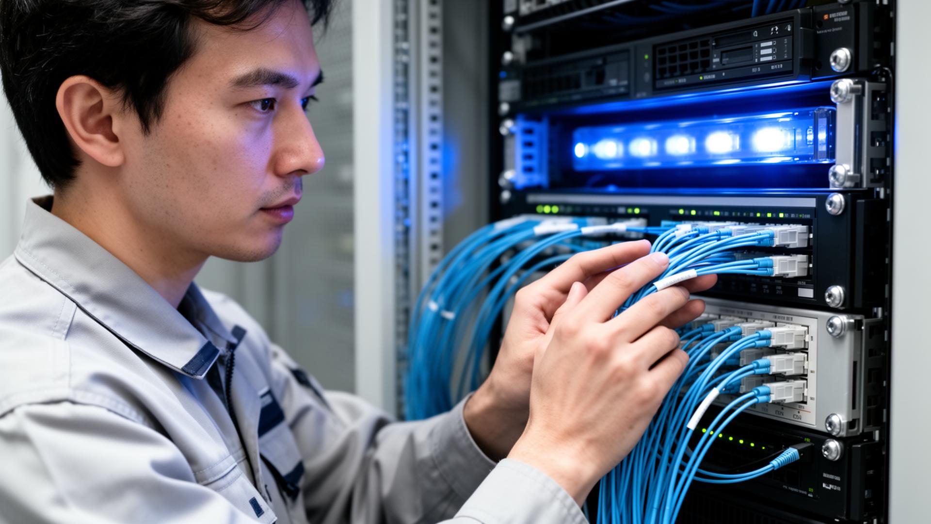 Engineer installing network panel